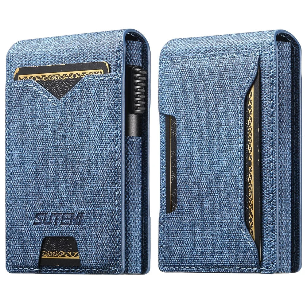 SUTENI Card Holder Imprint Jeans Cloth Texture PU Leather Automatic Pop-Up Metal Card Case - Blue - 1