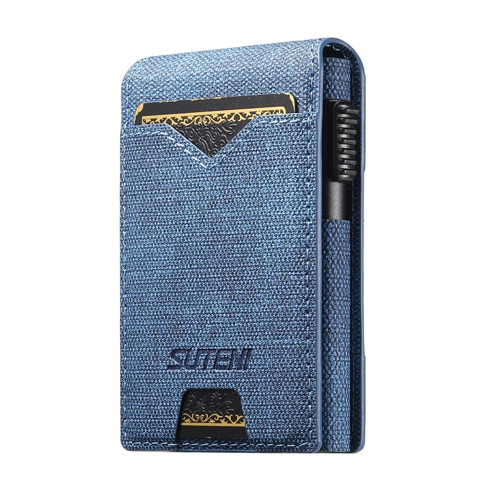 SUTENI Card Holder Imprint Jeans Cloth Texture PU Leather Automatic Pop-Up Metal Card Case - Blue - 2