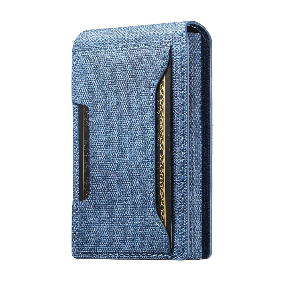 SUTENI Card Holder Imprint Jeans Cloth Texture PU Leather Automatic Pop-Up Metal Card Case - Blue - 3