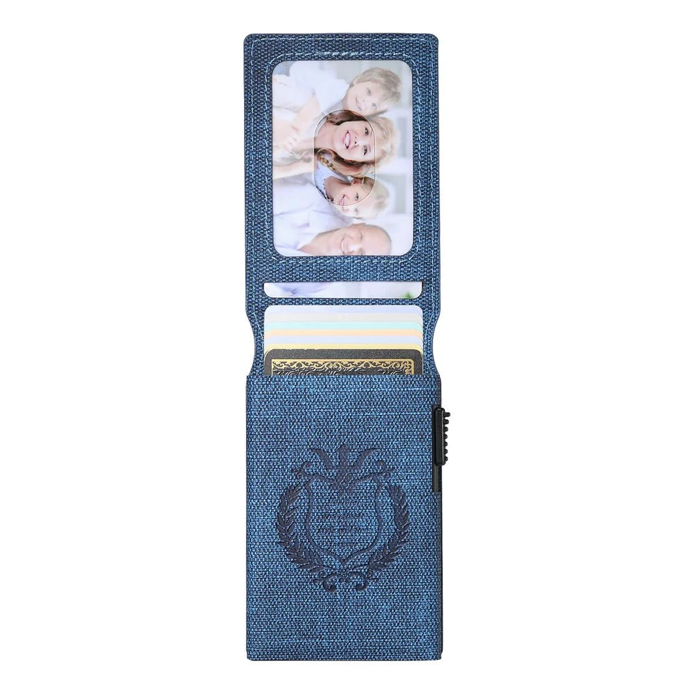 SUTENI Card Holder Imprint Jeans Cloth Texture PU Leather Automatic Pop-Up Metal Card Case - Blue - 4
