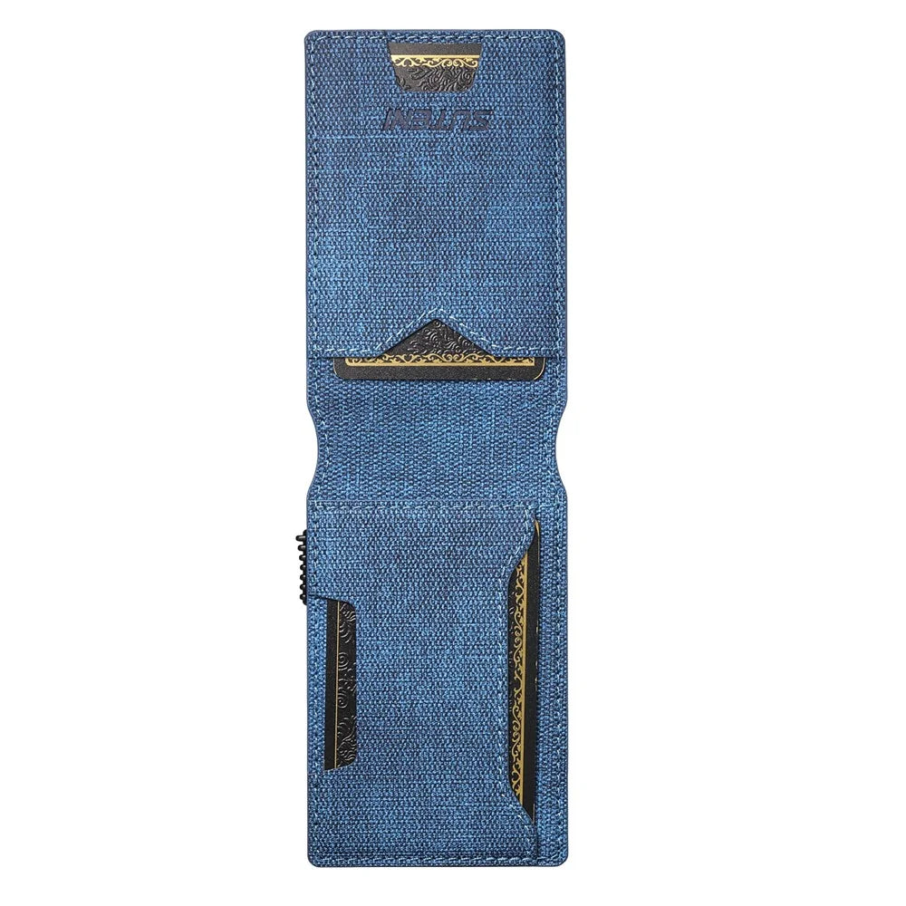 SUTENI Card Holder Imprint Jeans Cloth Texture PU Leather Automatic Pop-Up Metal Card Case - Blue - 5