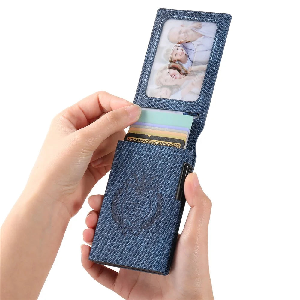 SUTENI Card Holder Imprint Jeans Cloth Texture PU Leather Automatic Pop-Up Metal Card Case - Blue - 6