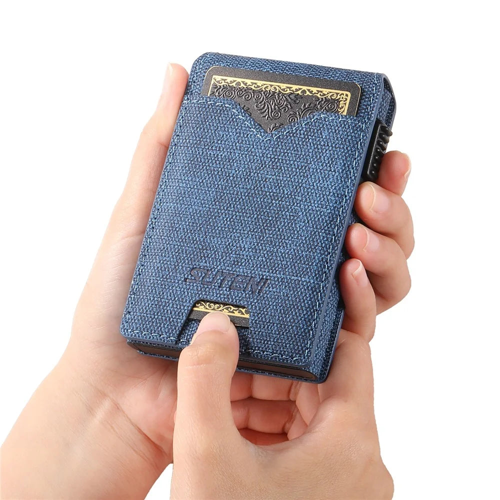 SUTENI Card Holder Imprint Jeans Cloth Texture PU Leather Automatic Pop-Up Metal Card Case - Blue - 7