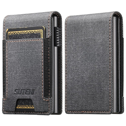 SUTENI Elastic Band Card Holder Jeans Cloth Texture PU Leather + Metal Automatic Pop-Up Card Case - Black - 1