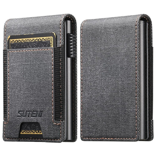 SUTENI Elastic Band Card Holder Jeans Cloth Texture PU Leather + Metal Automatic Pop-Up Card Case - Black - 1