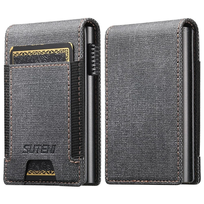 SUTENI Elastic Band Card Holder Jeans Cloth Texture PU Leather + Metal Automatic Pop-Up Card Case - Black - 1