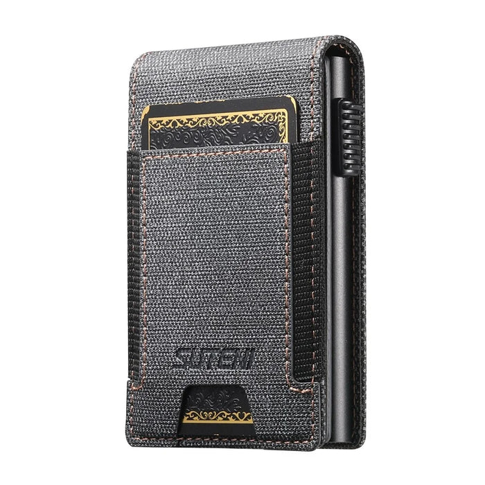 SUTENI Elastic Band Card Holder Jeans Cloth Texture PU Leather + Metal Automatic Pop-Up Card Case - Black - 3