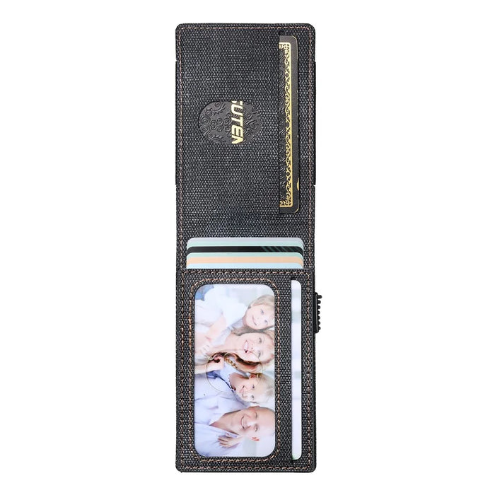 SUTENI Elastic Band Card Holder Jeans Cloth Texture PU Leather + Metal Automatic Pop-Up Card Case - Black - 4