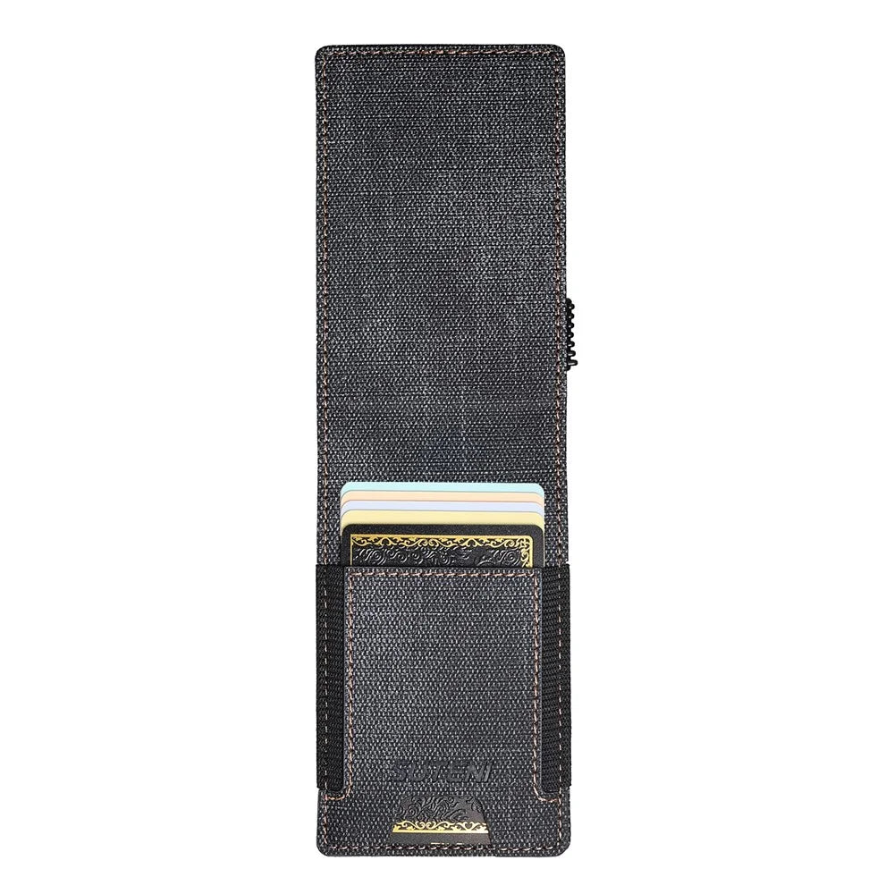 SUTENI Elastic Band Card Holder Jeans Cloth Texture PU Leather + Metal Automatic Pop-Up Card Case - Black - 6