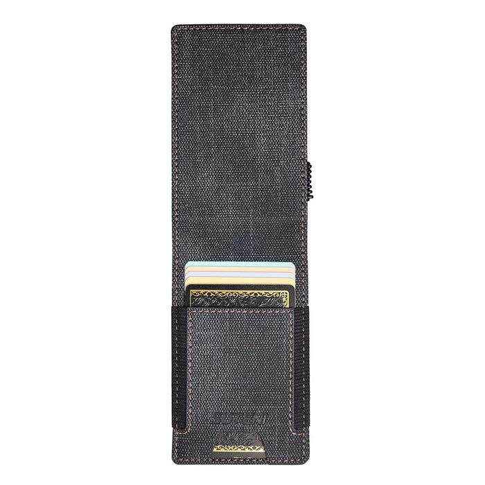 SUTENI Elastic Band Card Holder Jeans Cloth Texture PU Leather + Metal Automatic Pop-Up Card Case - Black - 6