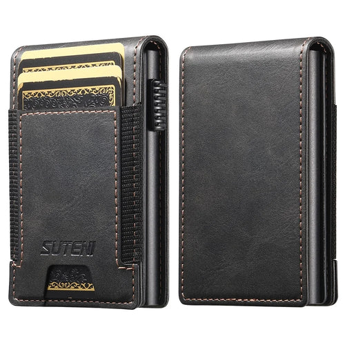 SUTENI Elastic Band Card Holder Waxy Texture PU Leather + Metal Automatic Pop-Up Card Case - Black - 1