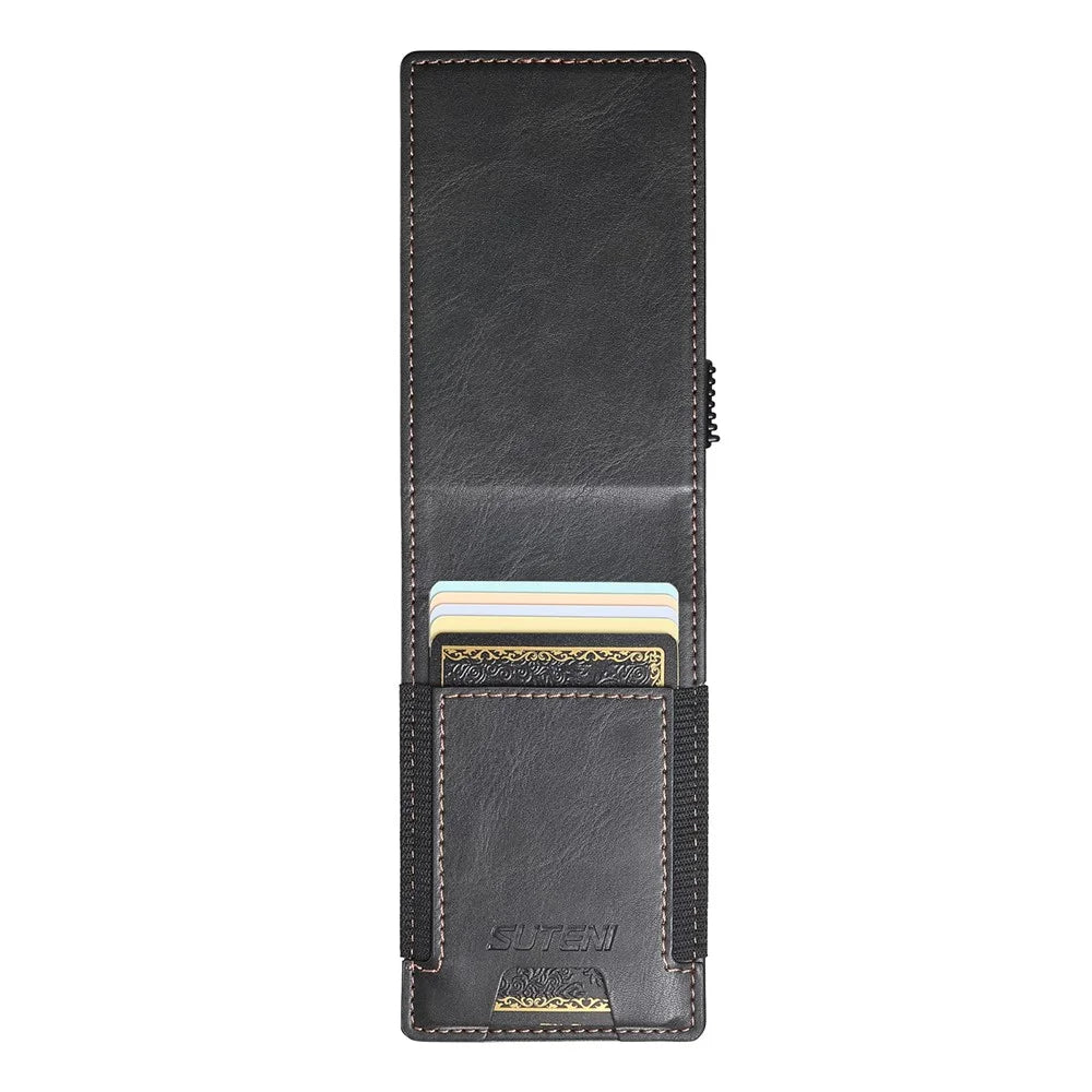 SUTENI Elastic Band Card Holder Waxy Texture PU Leather + Metal Automatic Pop-Up Card Case - Black - 5