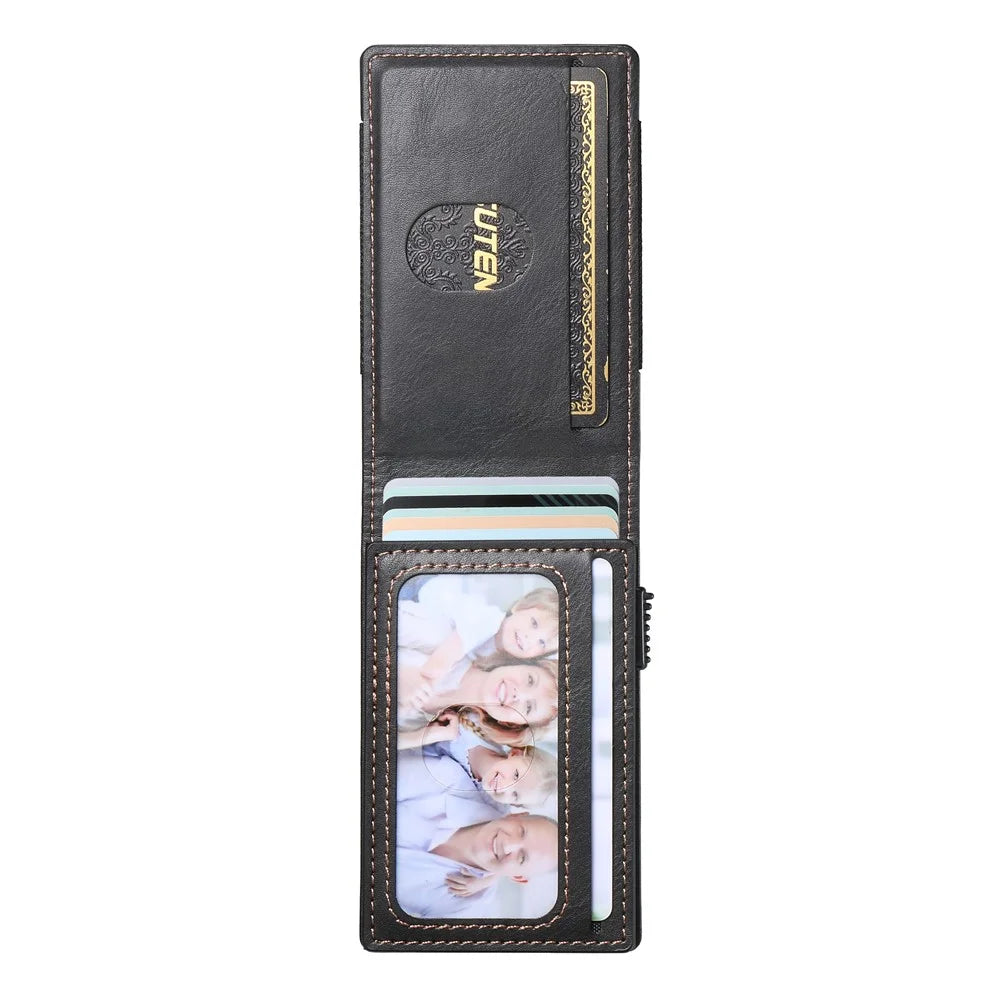 SUTENI Elastic Band Card Holder Waxy Texture PU Leather + Metal Automatic Pop-Up Card Case - Black - 6