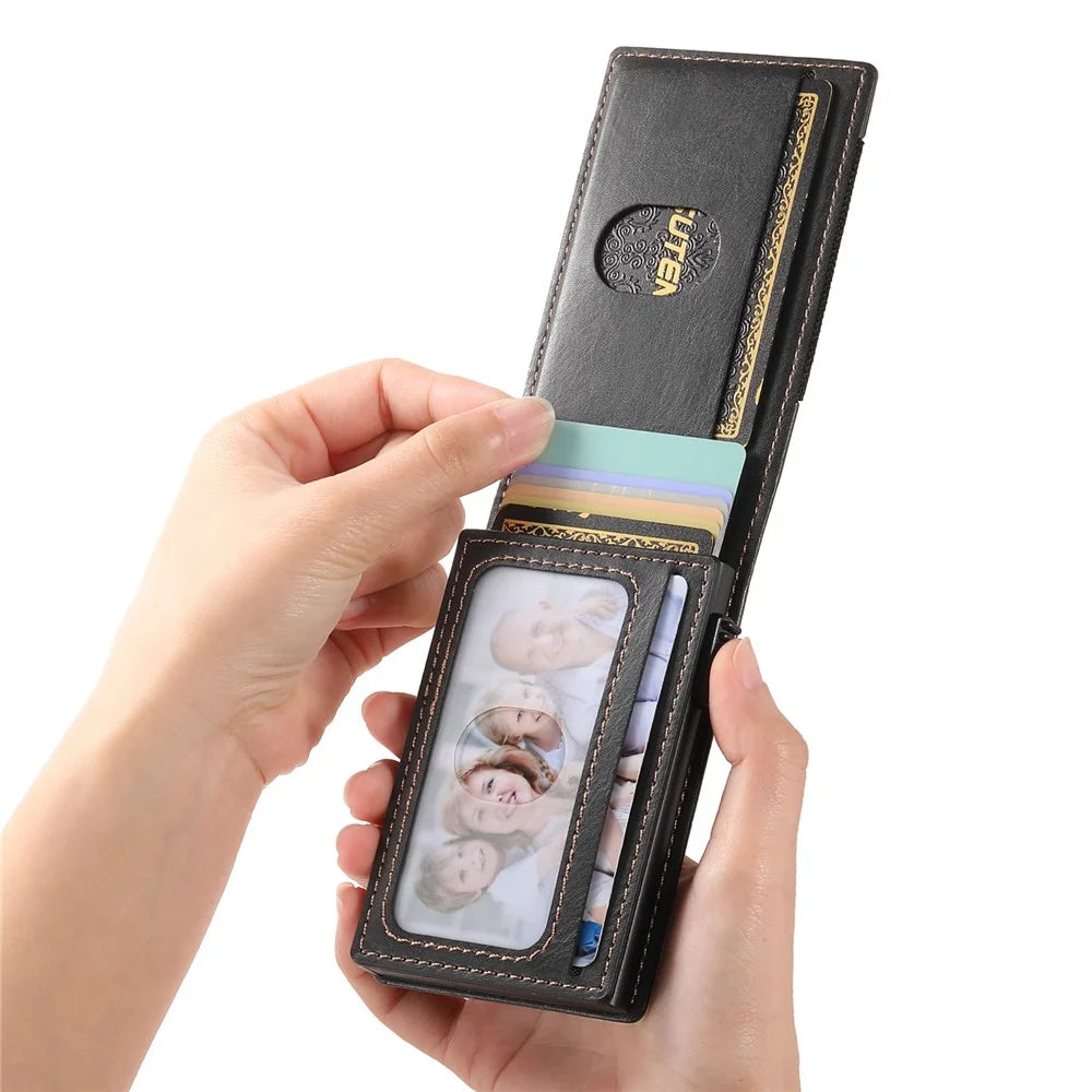 SUTENI Elastic Band Card Holder Waxy Texture PU Leather + Metal Automatic Pop-Up Card Case - Black - 7