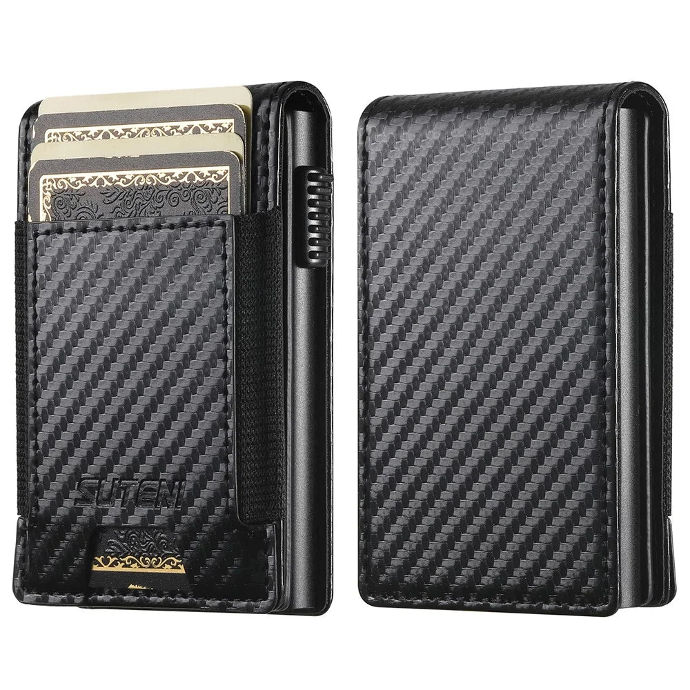 SUTENI Elastic Band Card Holder Carbon Fiber Texture PU Leather + Metal Automatic Pop-Up Card Case - 1