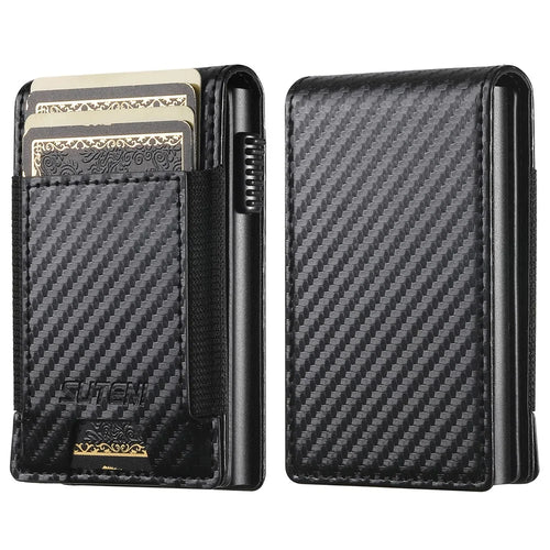 SUTENI Elastic Band Card Holder Carbon Fiber Texture PU Leather + Metal Automatic Pop-Up Card Case - 1