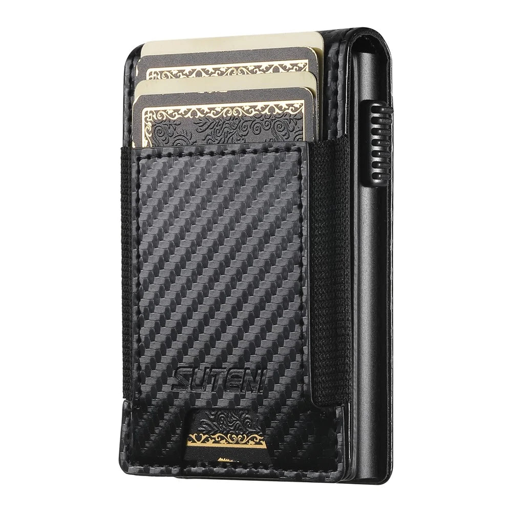 SUTENI Elastic Band Card Holder Carbon Fiber Texture PU Leather + Metal Automatic Pop-Up Card Case - 2
