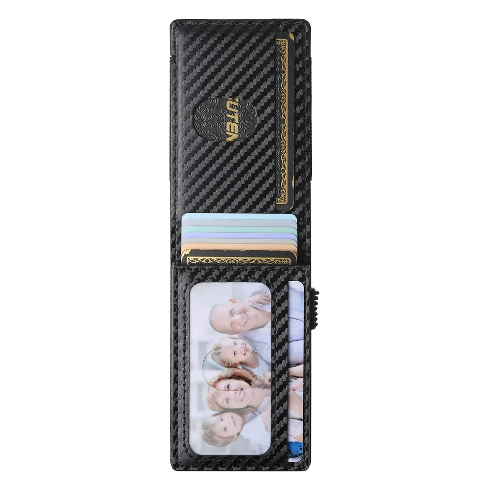 SUTENI Elastic Band Card Holder Carbon Fiber Texture PU Leather + Metal Automatic Pop-Up Card Case - 4