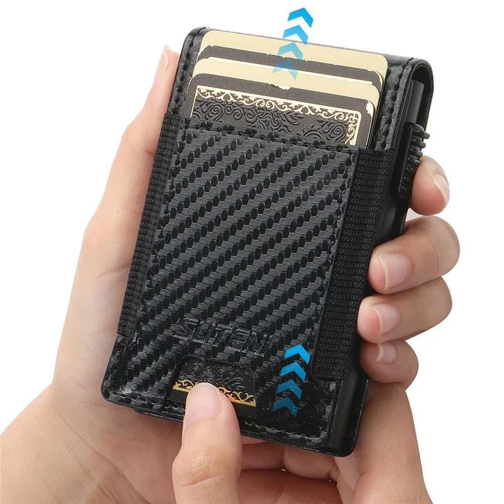 SUTENI Elastic Band Card Holder Carbon Fiber Texture PU Leather + Metal Automatic Pop-Up Card Case - 6