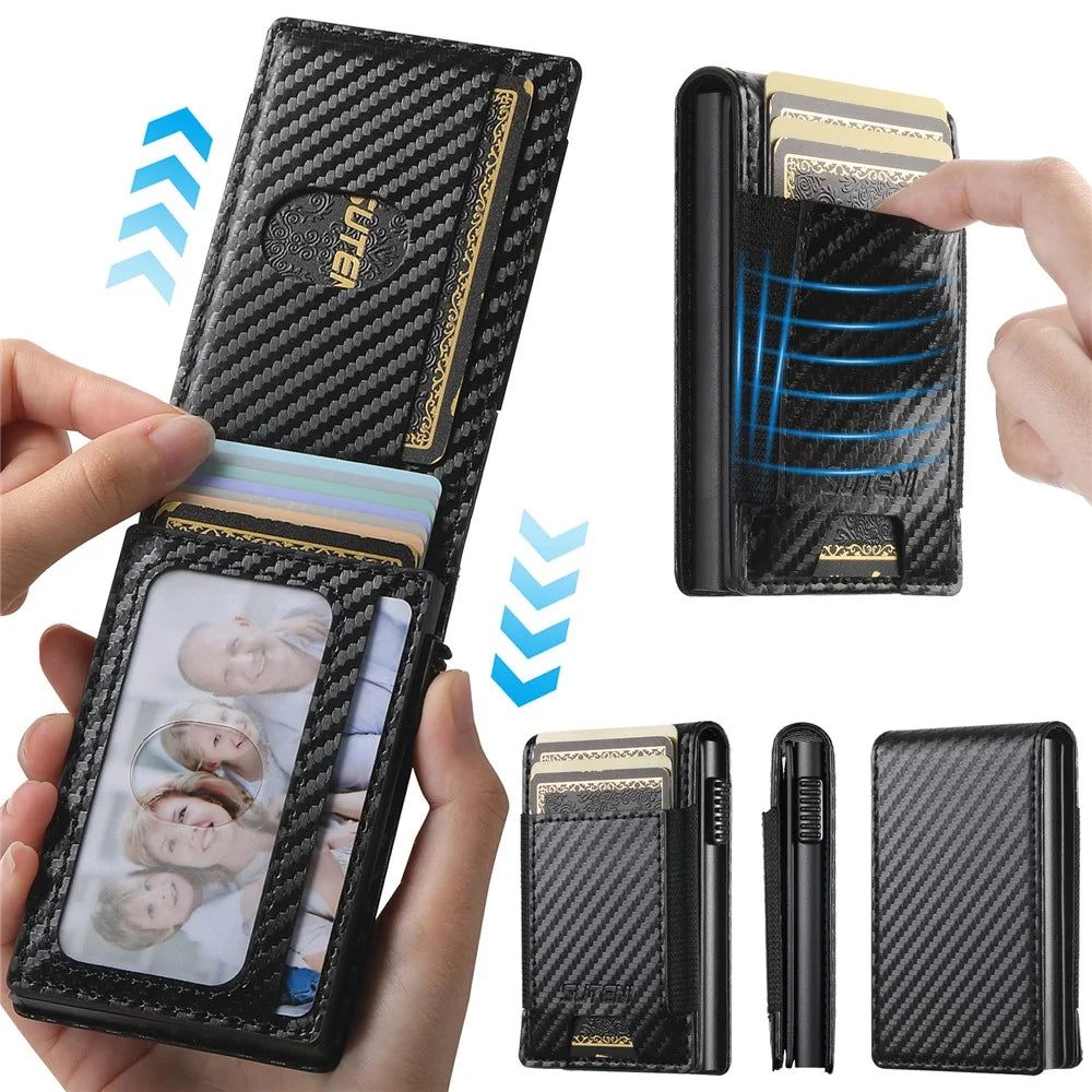 SUTENI Elastic Band Card Holder Carbon Fiber Texture PU Leather + Metal Automatic Pop-Up Card Case - 7