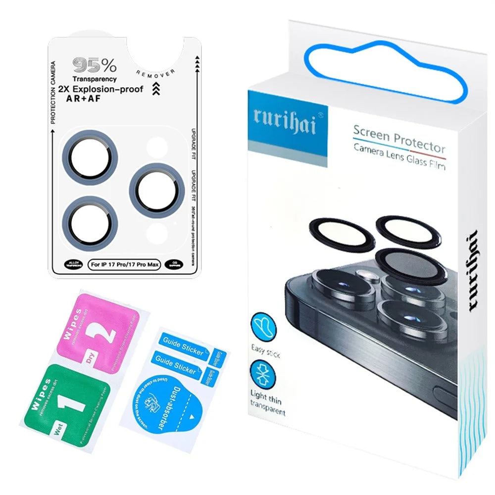 RURIHAI For iPhone 17 Pro Camera Lens Protector Tempered Glass Metal Ring Lens Film - Navy Blue - 5