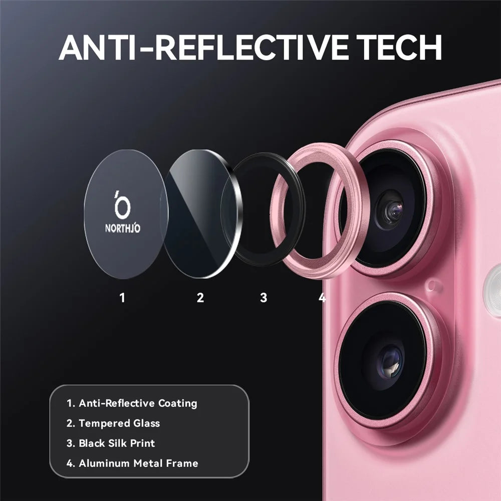 NORTHJO For iPhone 17 Camera Lens Protector Tempered Glass Lens Film Metal Ring Guard 1:1 Original Design - Pink - 4