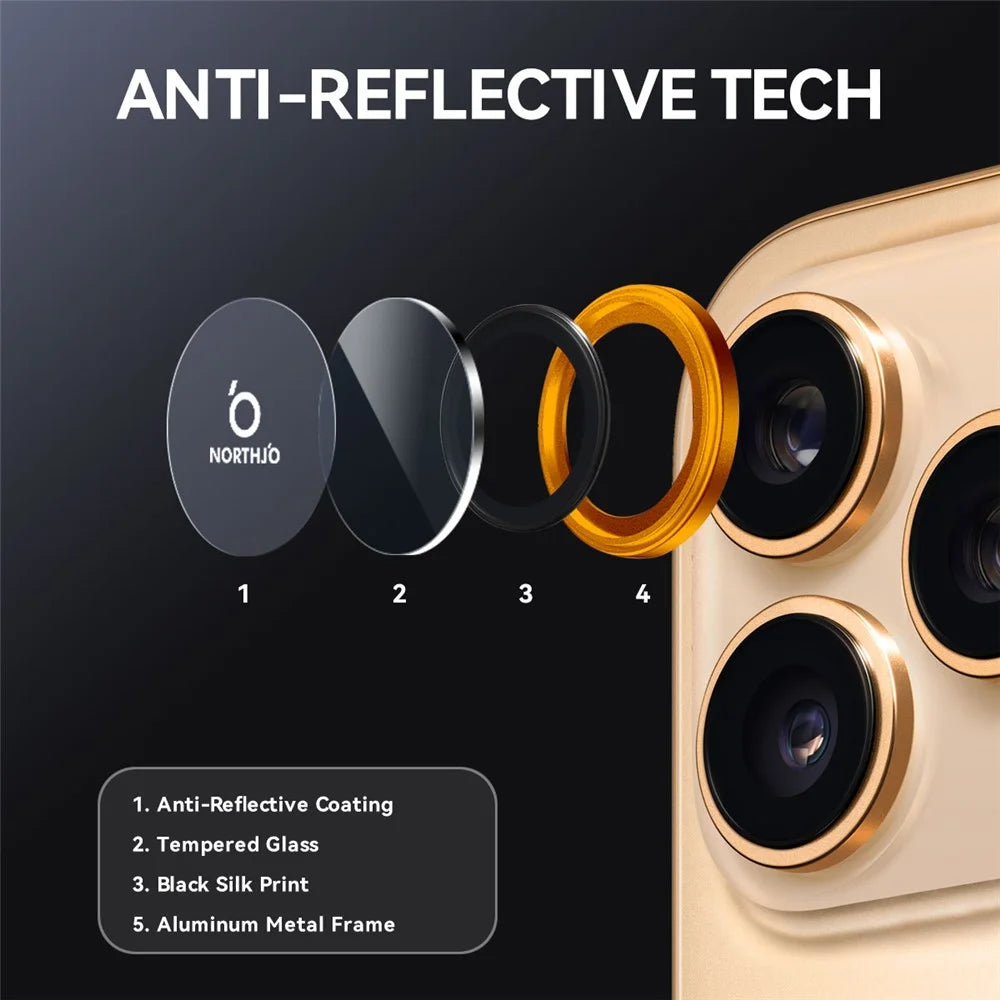NORTHJO For iPhone 17 Pro Max / 17 Pro Camera Lens Protector Tempered Glass Lens Film Metal Ring Guard 1:1 Original Design - Orange - 4