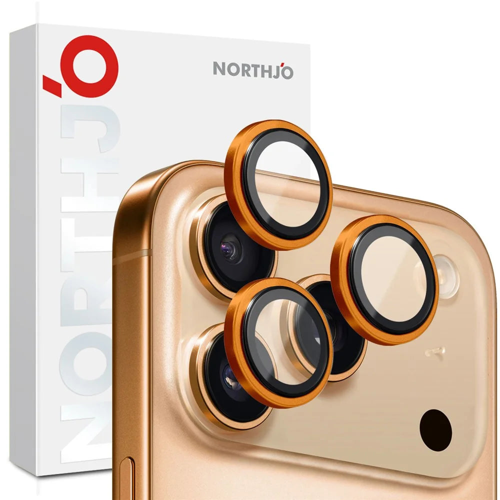 NORTHJO For iPhone 17 Pro Max / 17 Pro Camera Lens Protector Tempered Glass Lens Film Metal Ring Guard 1:1 Original Design - Orange - 5
