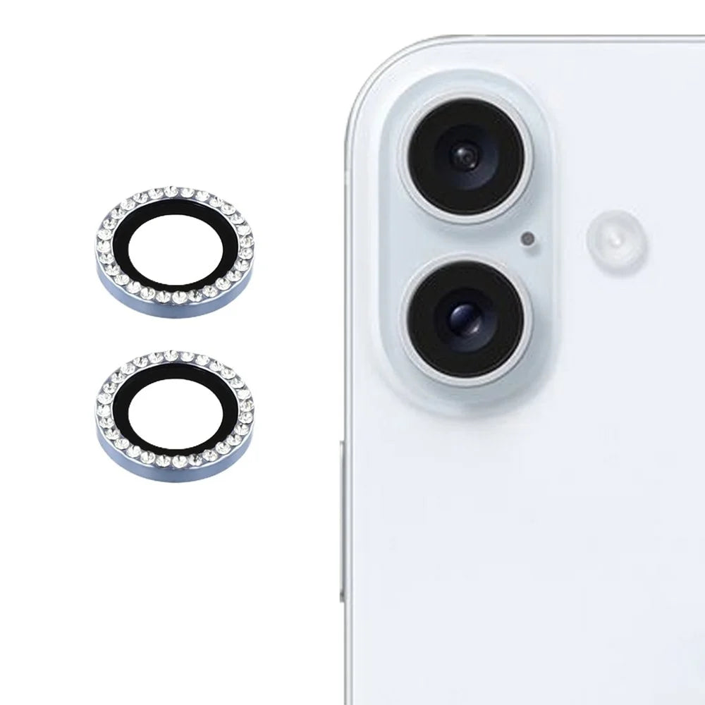 For iPhone 17 Camera Lens Protector Rhinestone Metal Frame + Tempered Glass Rear Lens Film - Silver - 1