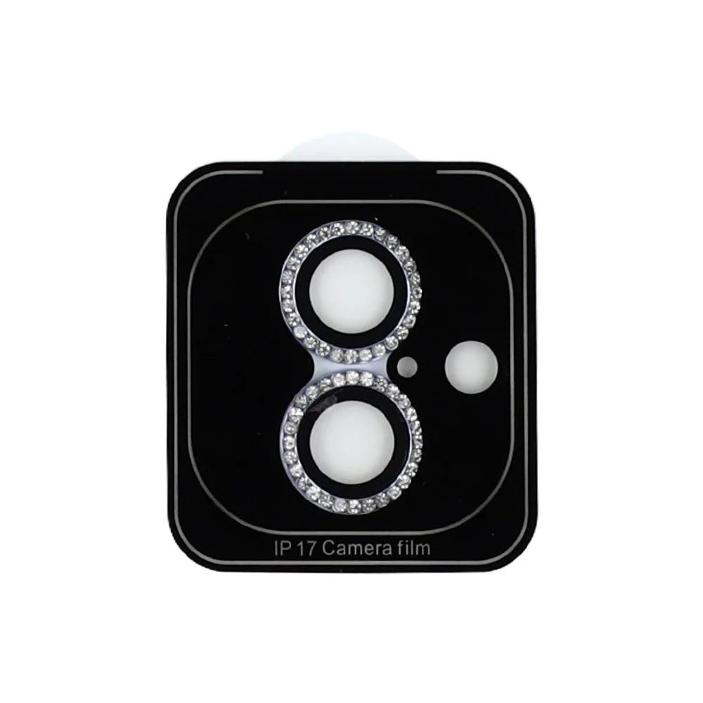 For iPhone 17 Camera Lens Protector Rhinestone Metal Frame + Tempered Glass Rear Lens Film - Silver - 5