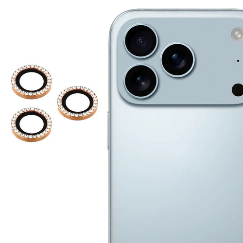 For iPhone 17 Pro Max / 17 Pro Camera Lens Protector Rhinestone Metal Frame + Tempered Glass Rear Lens Film - Gold - 1