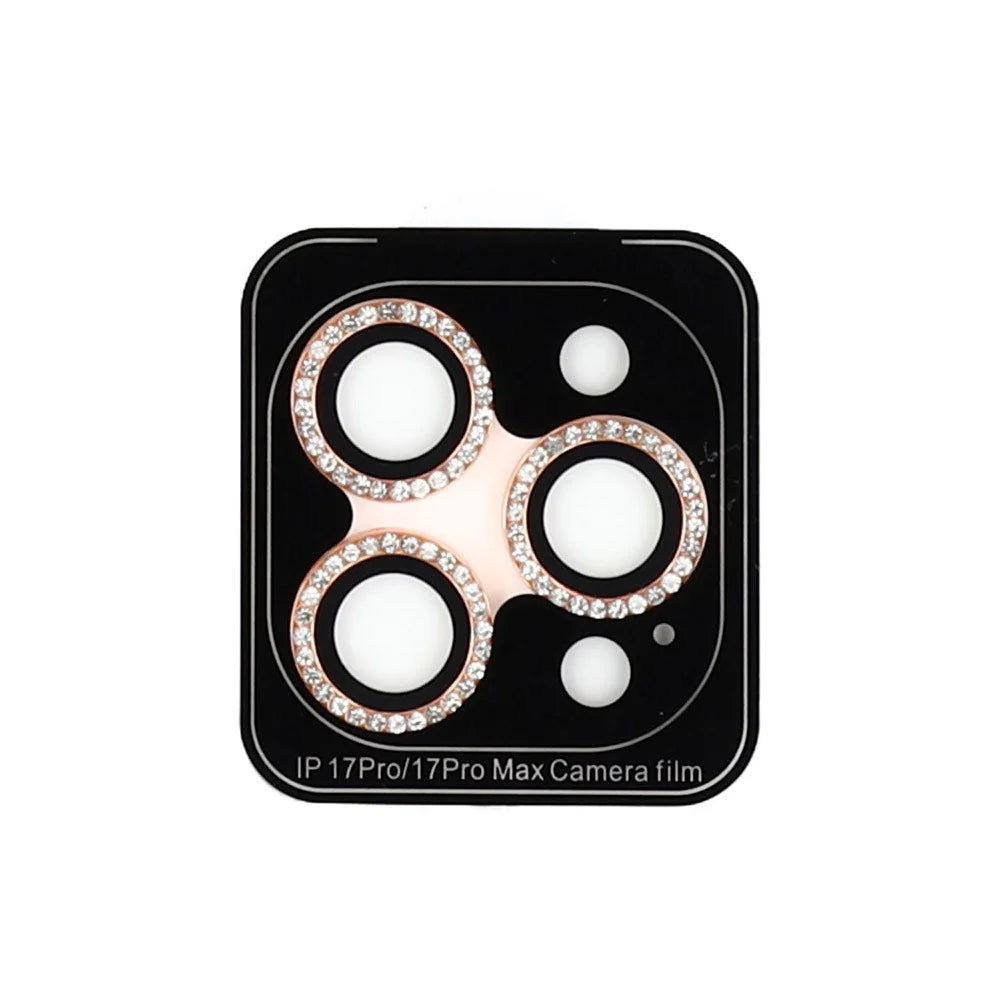 For iPhone 17 Pro Max / 17 Pro Camera Lens Protector Rhinestone Metal Frame + Tempered Glass Rear Lens Film - Gold - 5