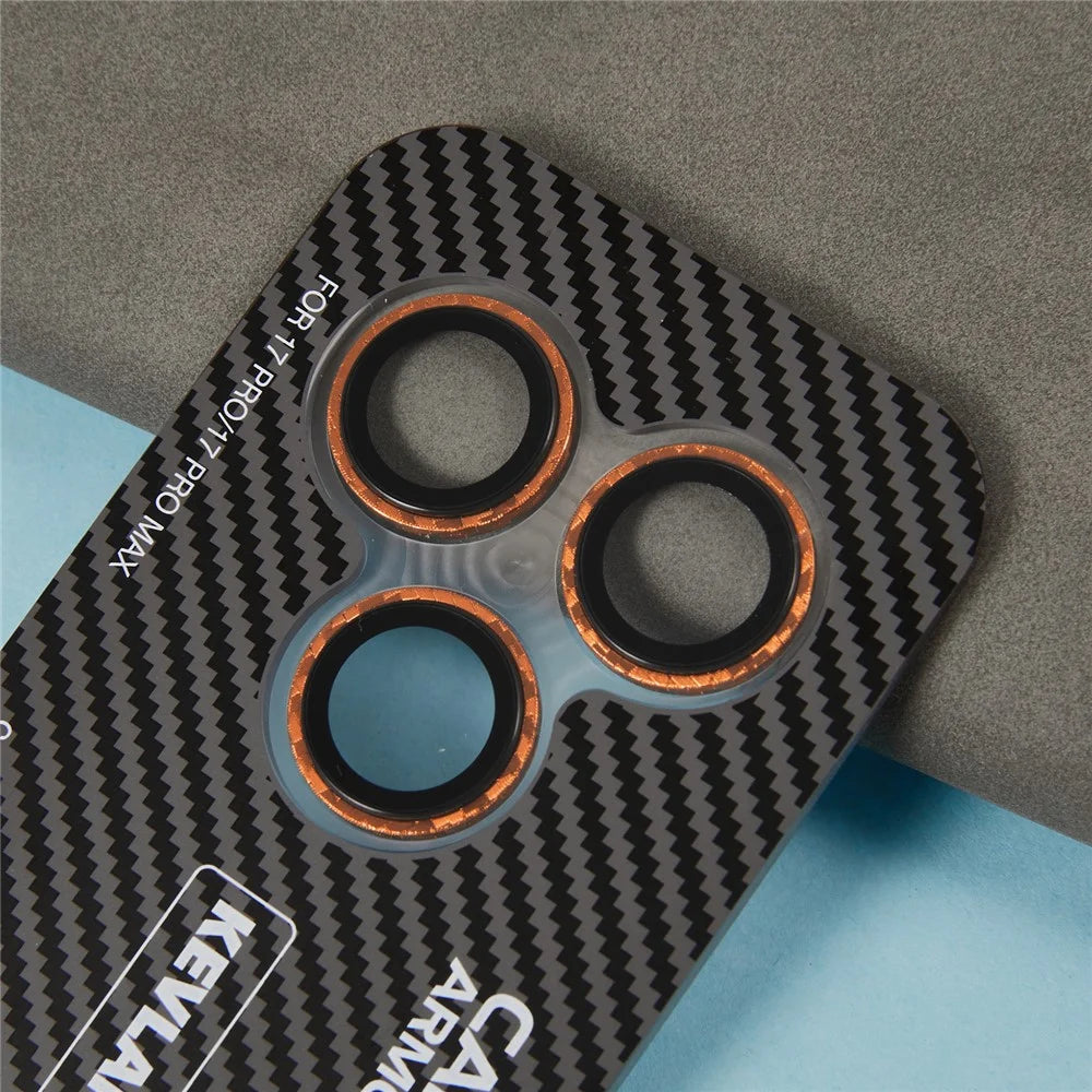 For iPhone 17 Pro Max / 17 Pro Camera Lens Protector Aramid Fiber Textured Metal Tempered Glass Lens Film - Orange - 6