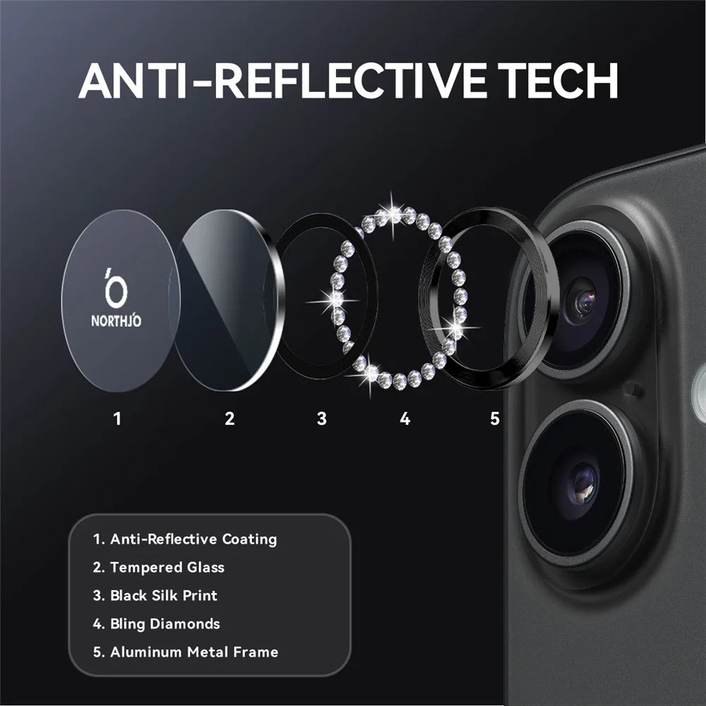 NORTHJO For iPhone 17 Camera Lens Protector Rhinestone Ring Tempered Glass Lens Film - Black - 3