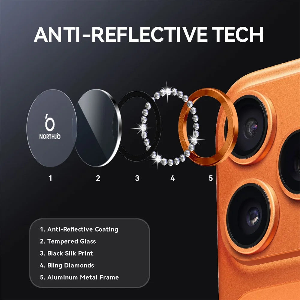 NORTHJO For iPhone 17 Pro  /  17 Pro Max Camera Lens Protector Rhinestone Ring Tempered Glass Lens Film - Orange - 3