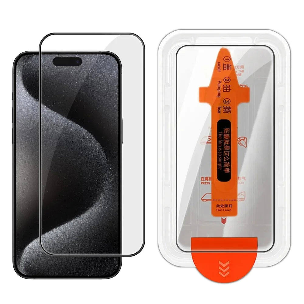 For iPhone 15 Pro Full Screen Protector HD Clear Silk Printing High Aluminium-silicon Glass Film with Dust Removal Installation Frame - As Shown - 1