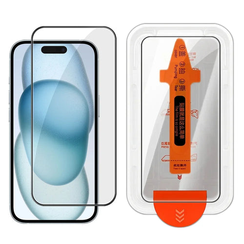 For iPhone 15 Full Screen Protector HD Clear Silk Printing High Aluminium-silicon Glass Film with Dust Removal Installation Frame - As Shown - 1