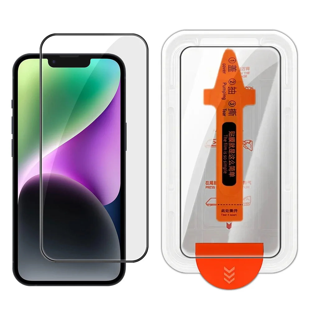 For iPhone 14 Full Screen Protector HD Clear Silk Printing High Aluminium-silicon Glass Film with Dust Removal Installation Frame - As Shown - 1