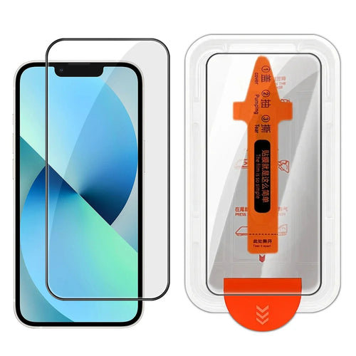 For iPhone 13 Full Screen Protector HD Clear Silk Printing High Aluminium-silicon Glass Film with Dust Removal Installation Frame - As Shown - 1