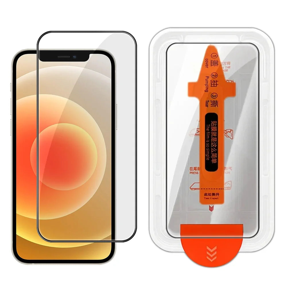 For iPhone 12 Full Screen Protector HD Clear Silk Printing High Aluminium-silicon Glass Film with Dust Removal Installation Frame - As Shown - 1