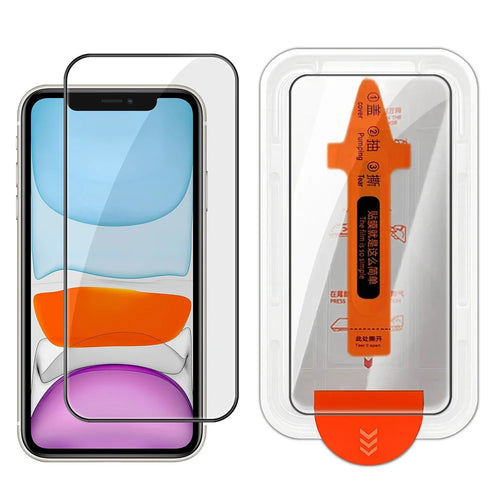For iPhone 11 Full Screen Protector HD Clear Silk Printing High Aluminium-silicon Glass Film with Dust Removal Installation Frame - As Shown - 1