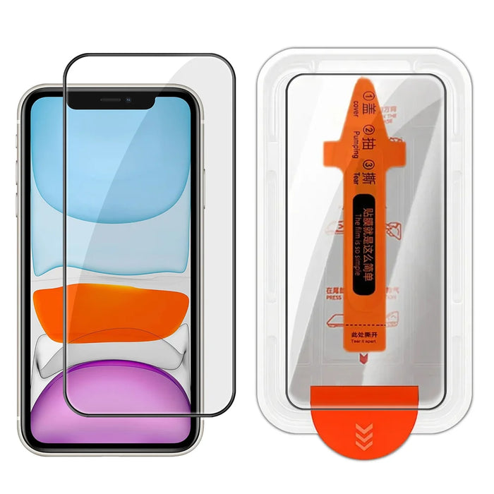 For iPhone 11 Full Screen Protector HD Clear Silk Printing High Aluminium-silicon Glass Film with Dust Removal Installation Frame - As Shown - 1