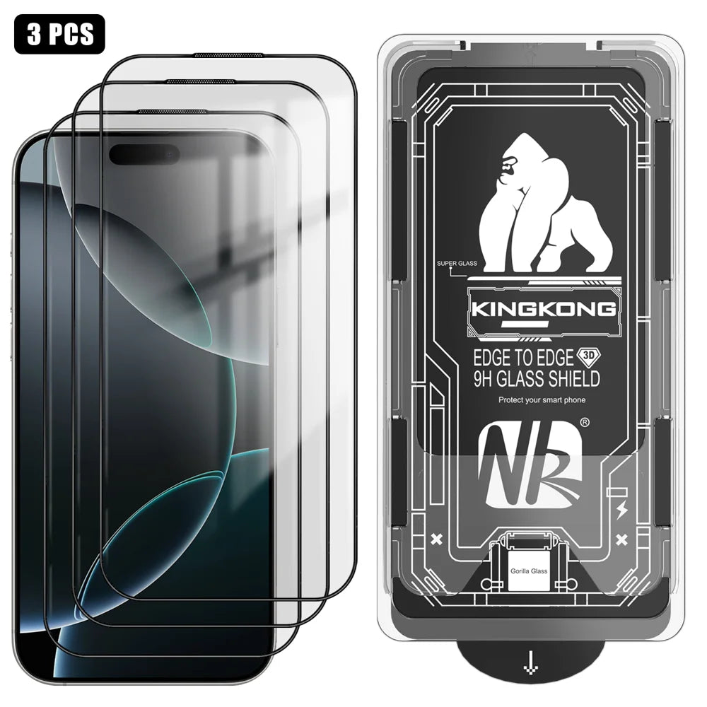 For iPhone 16 Pro 3Pcs Full Screen Protector HD Clear 3D Arc Edge High Aluminium-silicon Glass Film with Dust-Free Installation Tool - Transparent - 1
