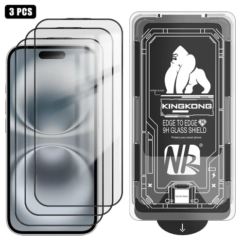 For iPhone 16 3Pcs Full Screen Protector HD Clear 3D Arc Edge High Aluminium-silicon Glass Film with Dust-Free Installation Tool - Transparent - 1