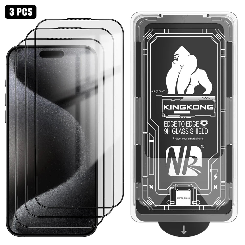 For iPhone 15 Pro Max 3Pcs Full Screen Protector HD Clear 3D Arc Edge High Aluminium-silicon Glass Film with Dust-Free Installation Tool - Transparent - 1