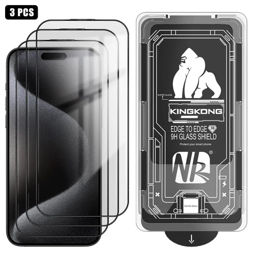 For iPhone 15 Pro Max 3Pcs Full Screen Protector HD Clear 3D Arc Edge High Aluminium-silicon Glass Film with Dust-Free Installation Tool - Transparent - 1