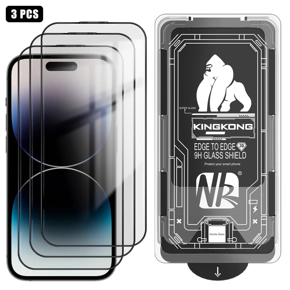 For iPhone 14 Pro 3Pcs Full Screen Protector HD Clear 3D Arc Edge High Aluminium-silicon Glass Film with Dust-Free Installation Tool - Transparent - 1
