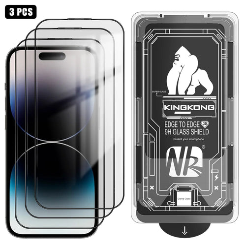 For iPhone 14 Pro 3Pcs Full Screen Protector HD Clear 3D Arc Edge High Aluminium-silicon Glass Film with Dust-Free Installation Tool - Transparent - 1