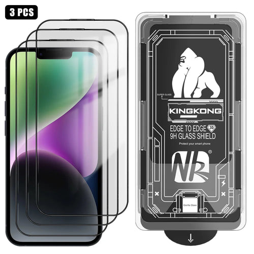 For iPhone 14 3Pcs Full Screen Protector HD Clear 3D Arc Edge High Aluminium-silicon Glass Film with Dust-Free Installation Tool - Transparent - 1