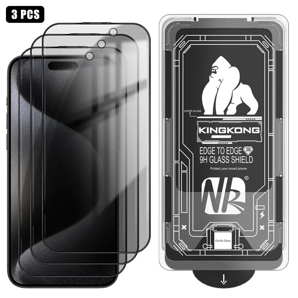 For iPhone 15 Pro 3Pcs Anti-Spy Full Screen Protector 3D Arc Edge High Aluminium-silicon Glass Film with Dust-Free Installation Tool - Black - 1